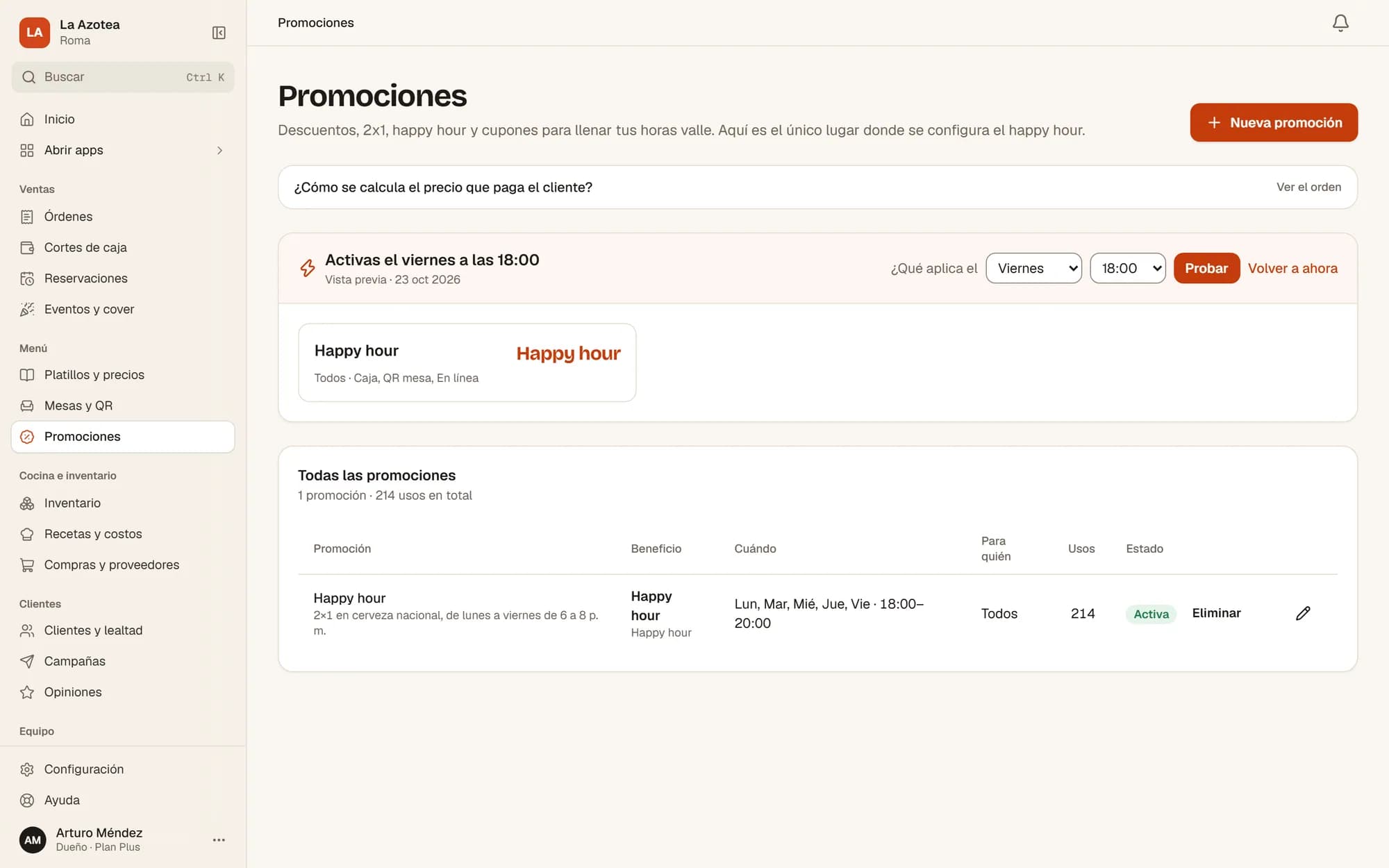 Promociones de happy hour por horario en el back-office de un bar