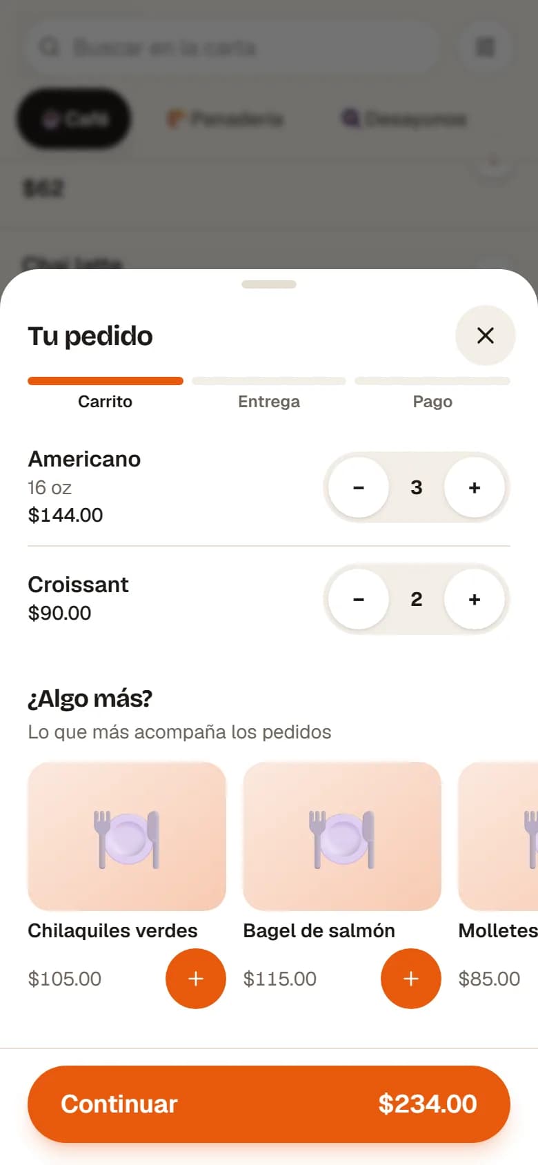 Tienda en línea de la cafetería con el carrito y sugerencias