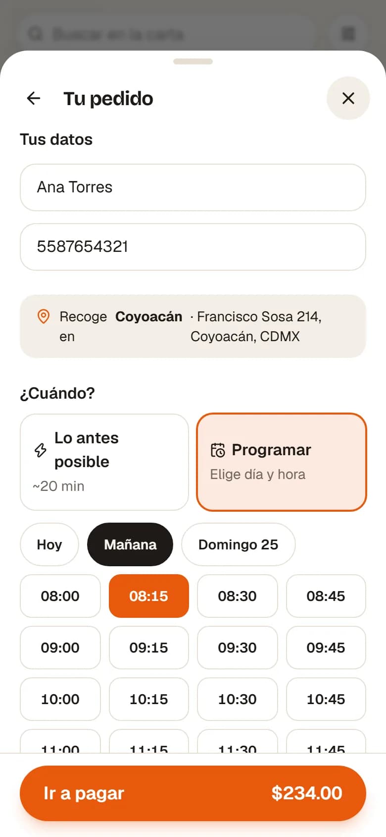 Pedido para recoger programado desde la tienda en línea