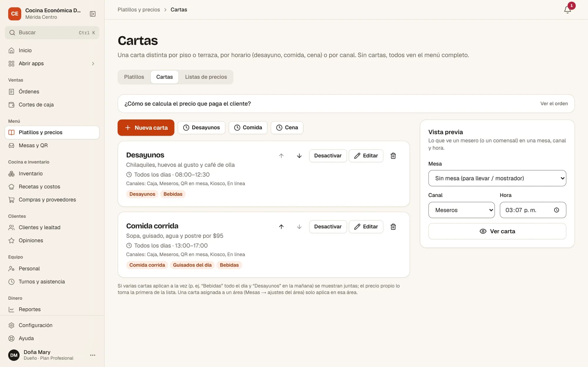Cartas por horario: desayunos y comida corrida