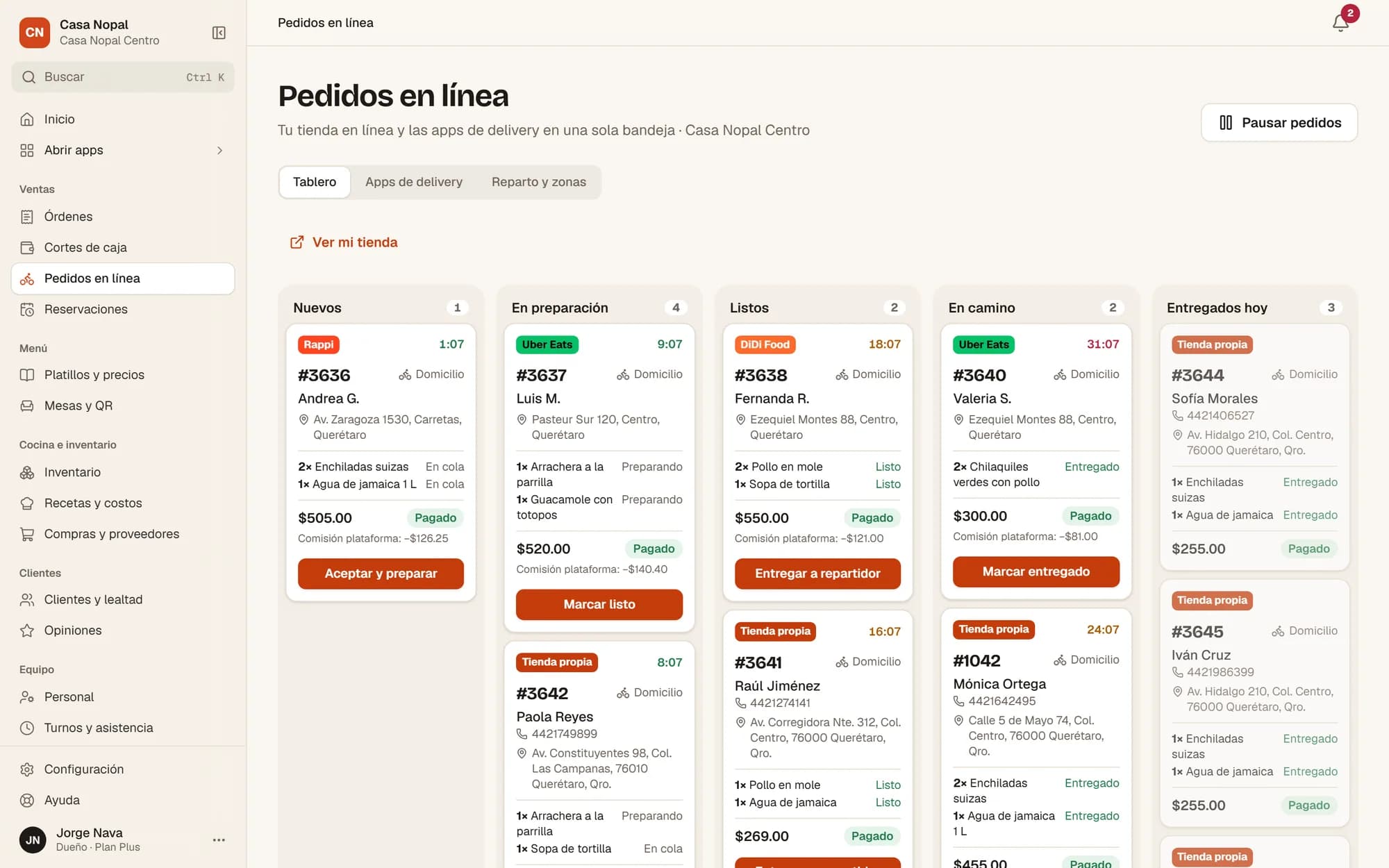 Bandeja de pedidos en línea y de apps de reparto en un solo tablero