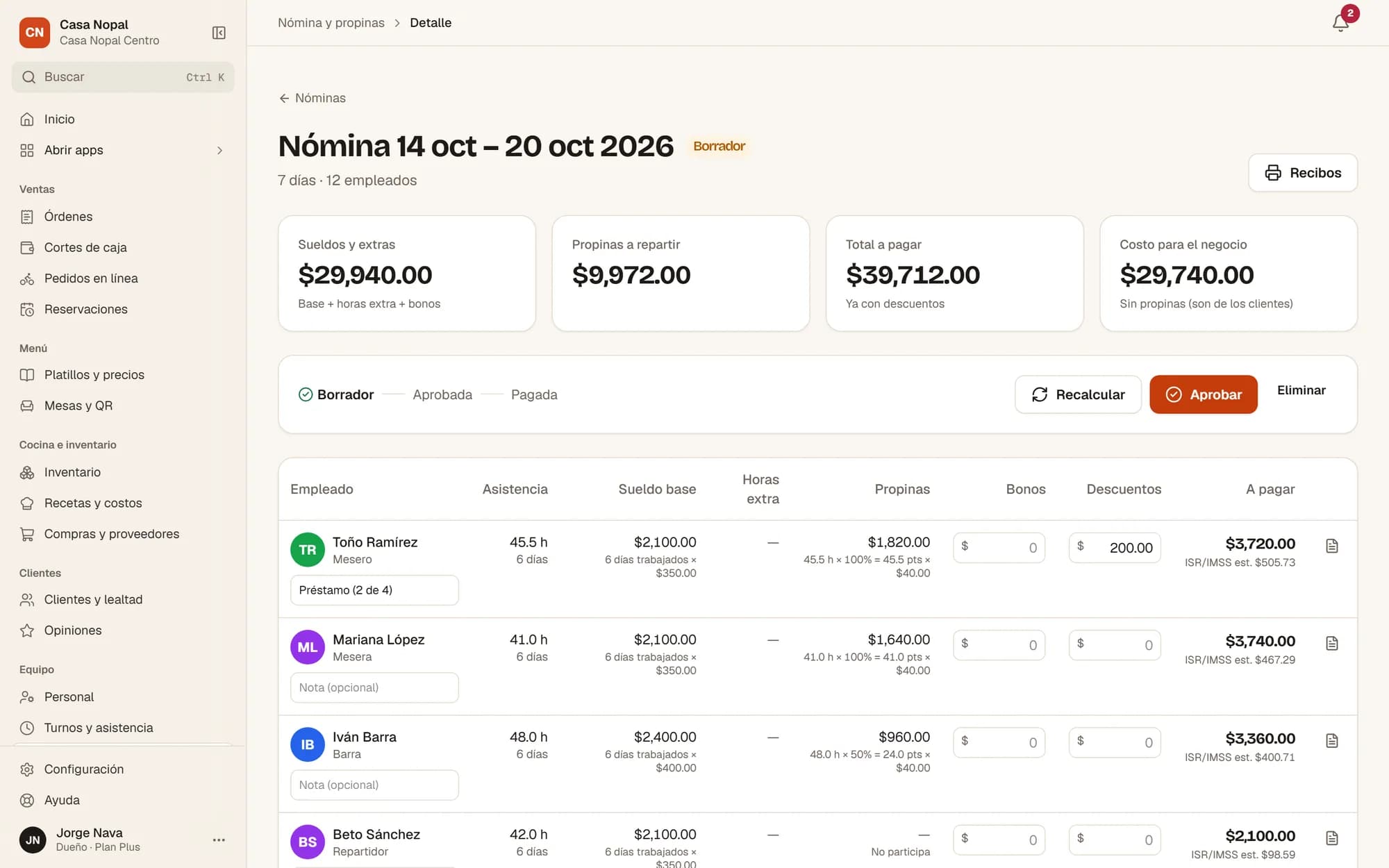 Nómina semanal con sueldos, horas y propinas a repartir
