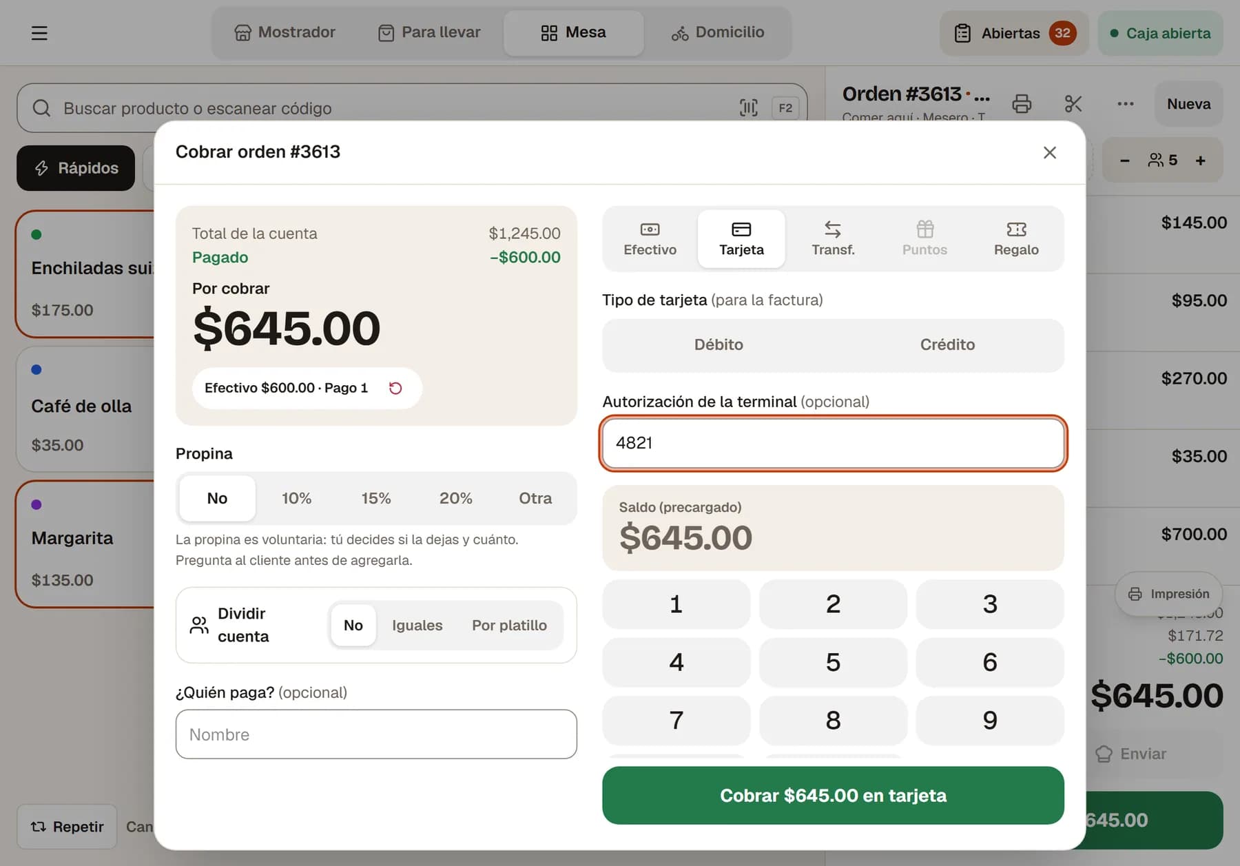 Cobro con propina, cuenta dividida y pago con tarjeta