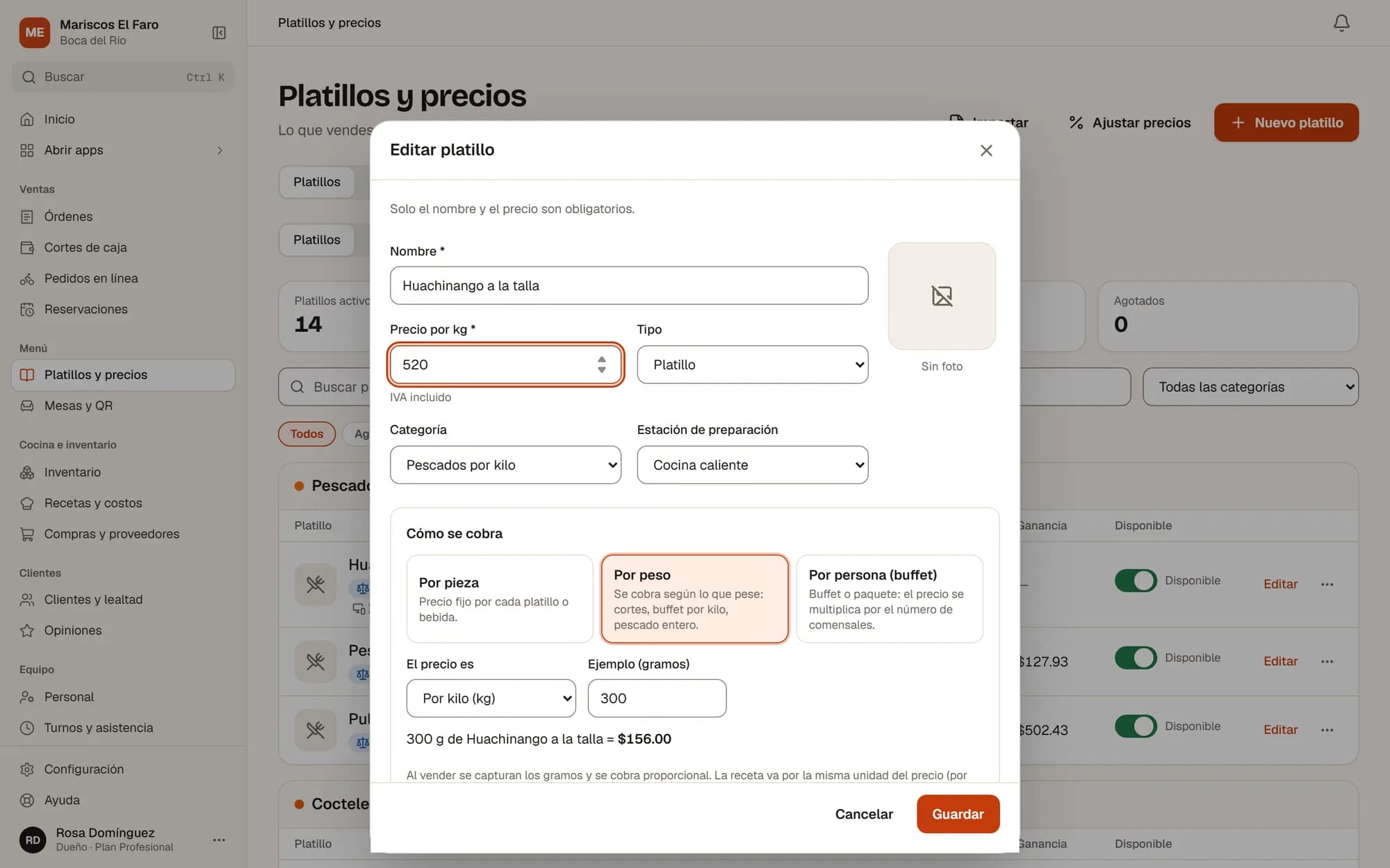 Huachinango con precio por kilo editable del día