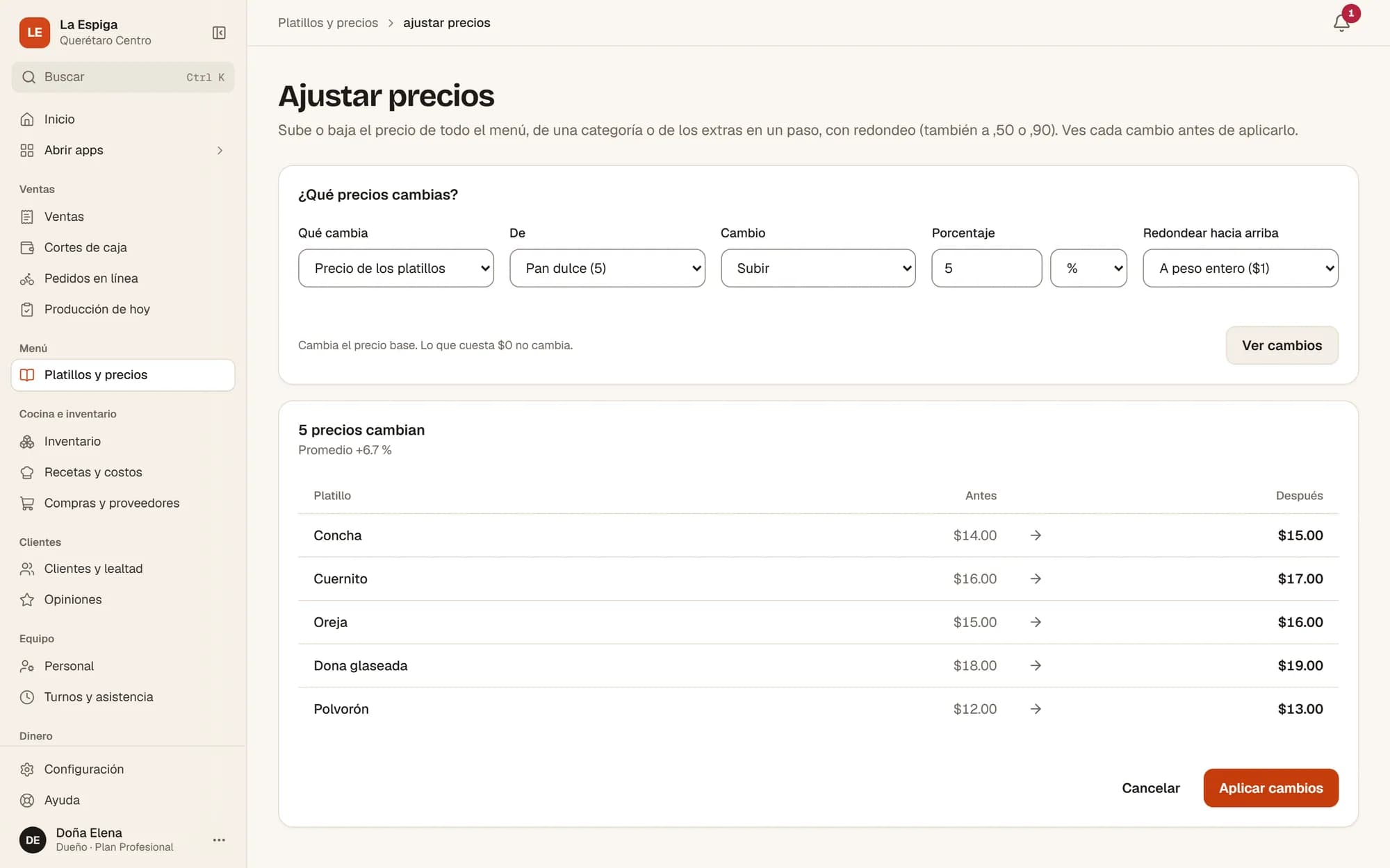 Ajuste masivo de precios del pan dulce con vista previa
