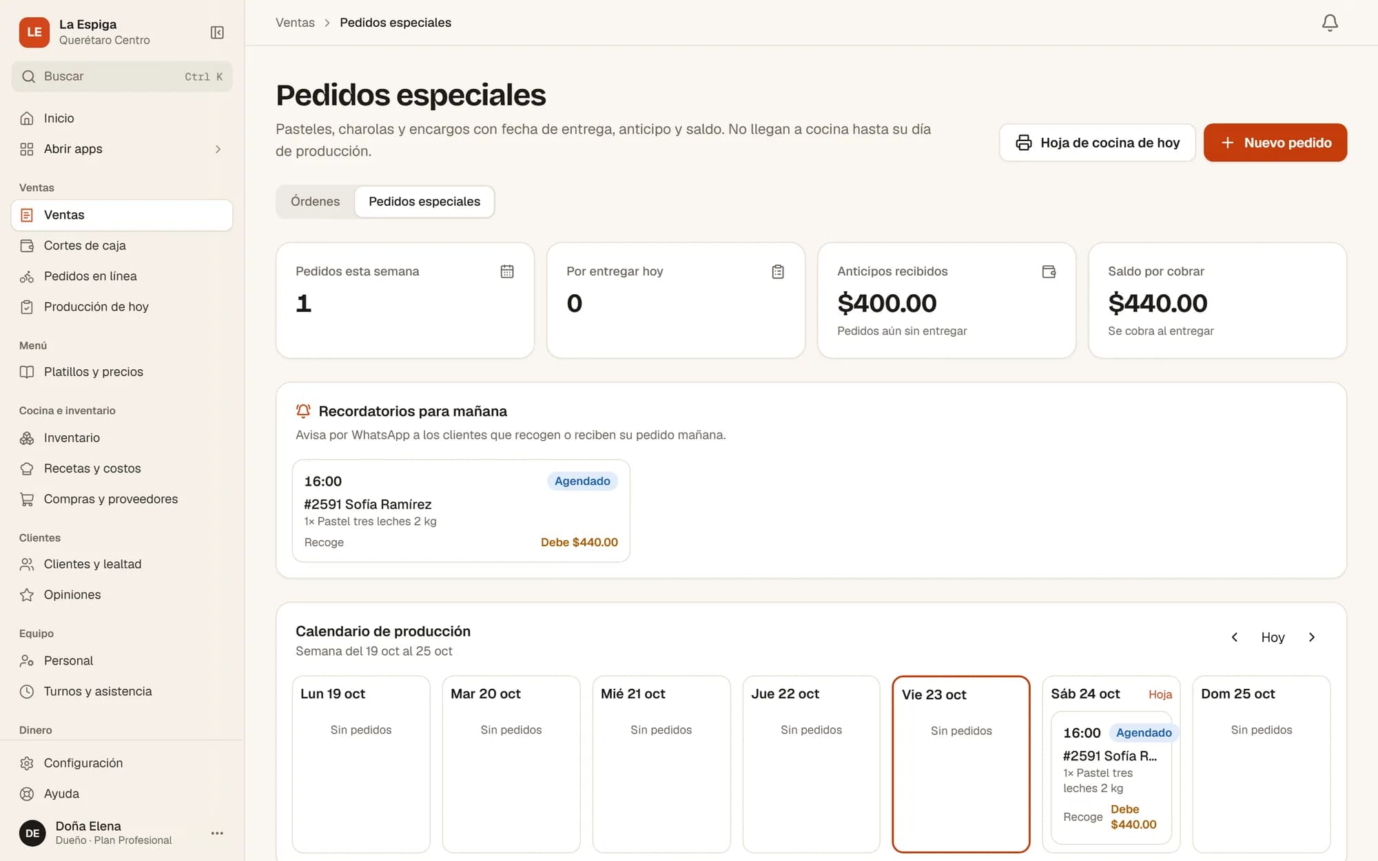 Pasteles por encargo con anticipo y calendario de producción