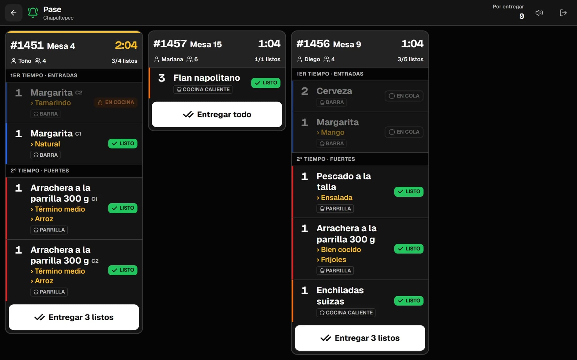 Pantalla del pase con los platillos listos por tiempo