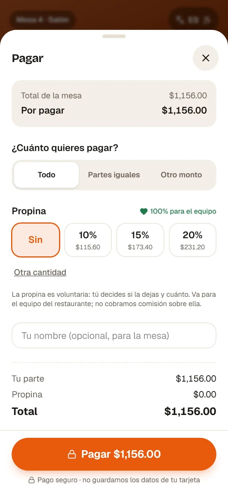 Pago de la cuenta desde el QR de la mesa con propina