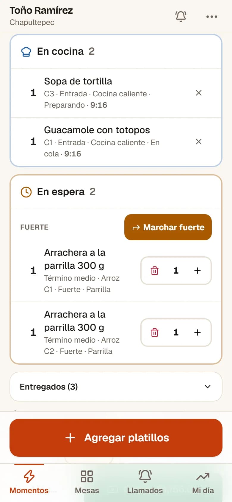 Platillos en cocina y en espera por tiempos