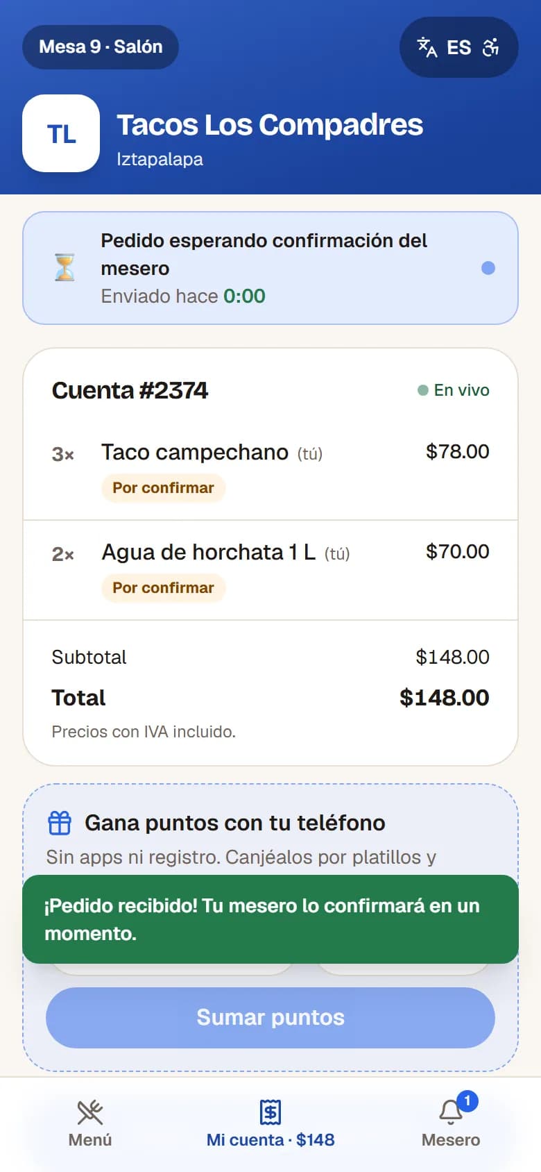 Pedido desde el QR de la mesa esperando que el mesero lo confirme