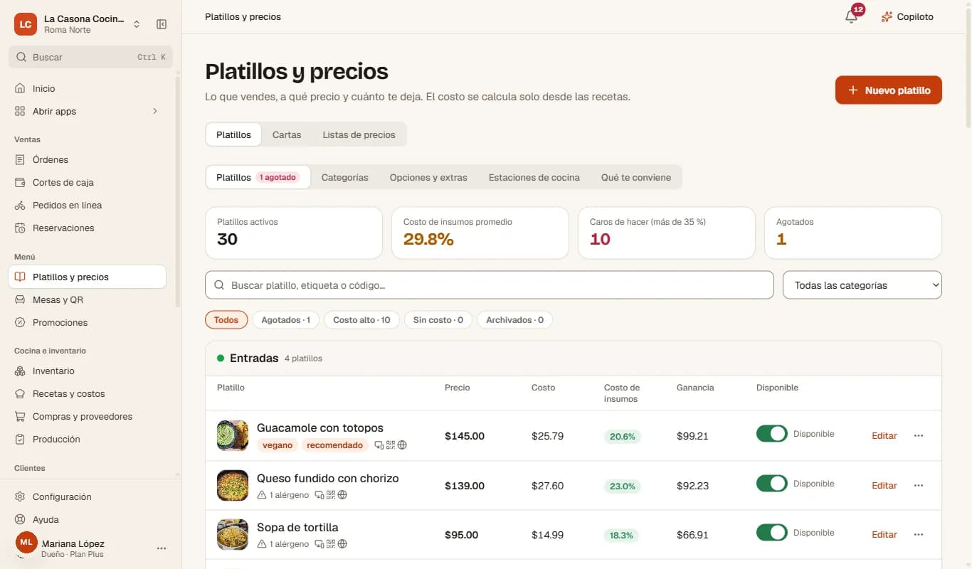 Platillos con precio, costo y ganancia