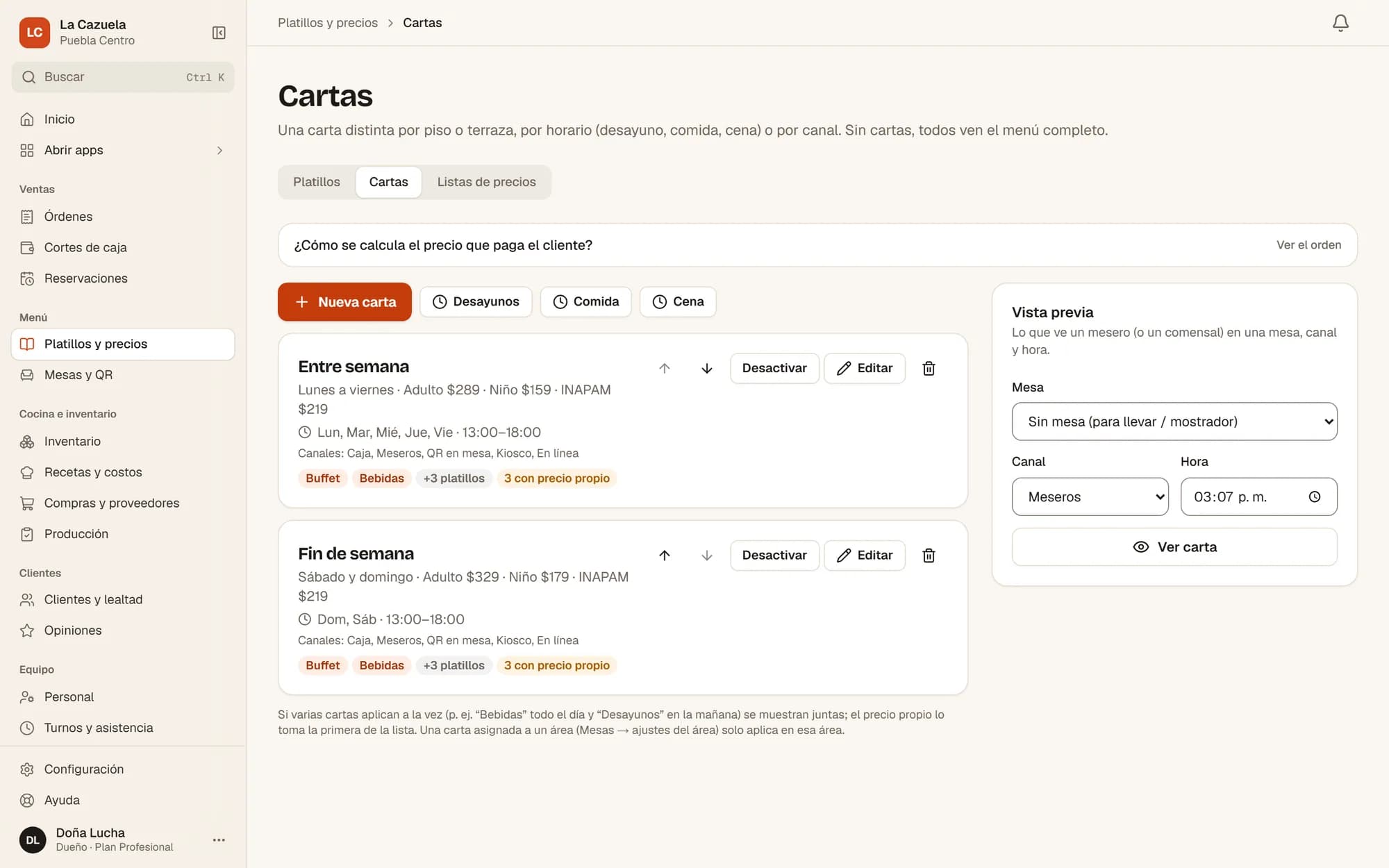 Cartas de buffet entre semana y fin de semana con precios distintos