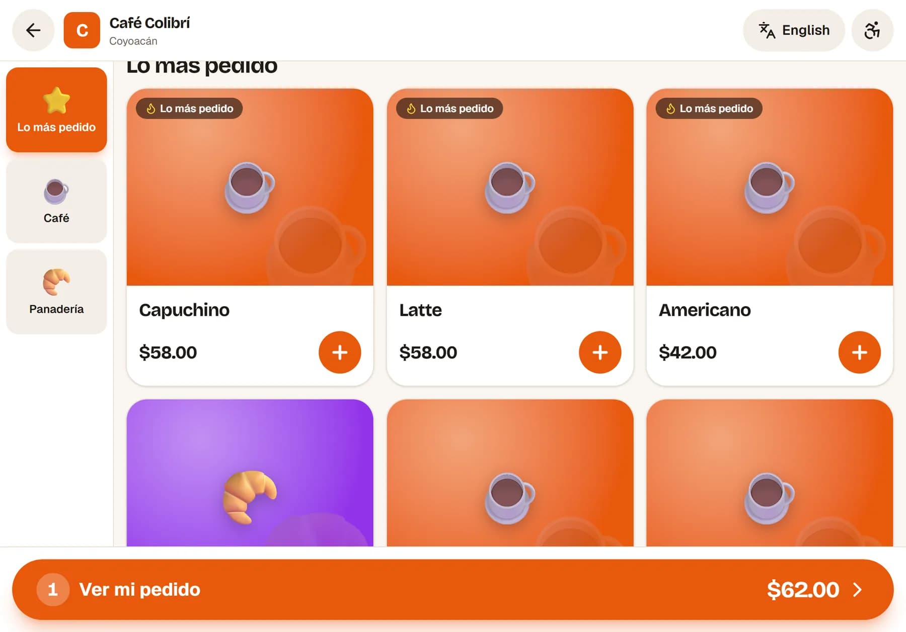 Kiosco de autoservicio de una cafetería en una tablet
