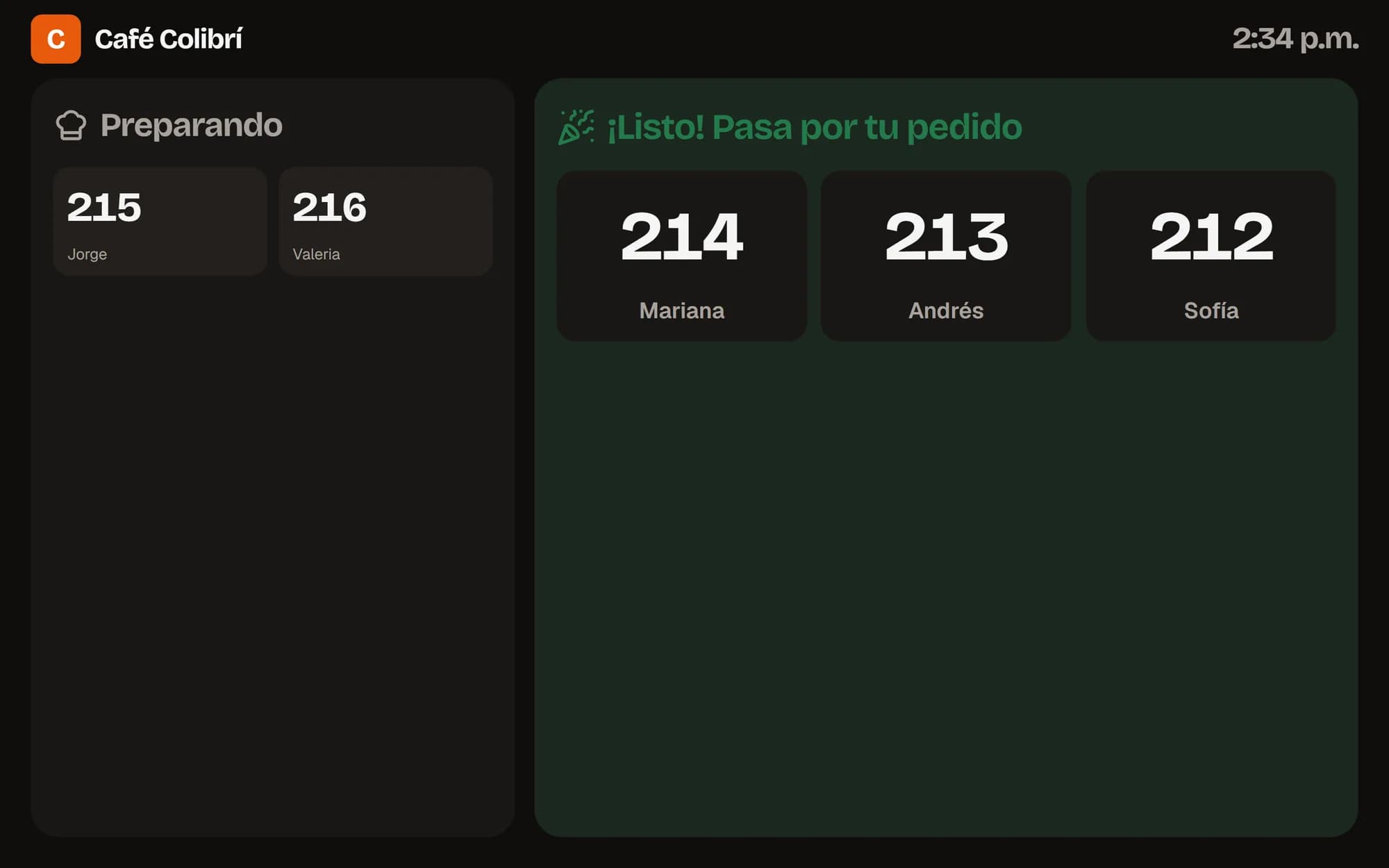 Pantalla de turnos: pedidos preparándose y listos con el nombre del cliente