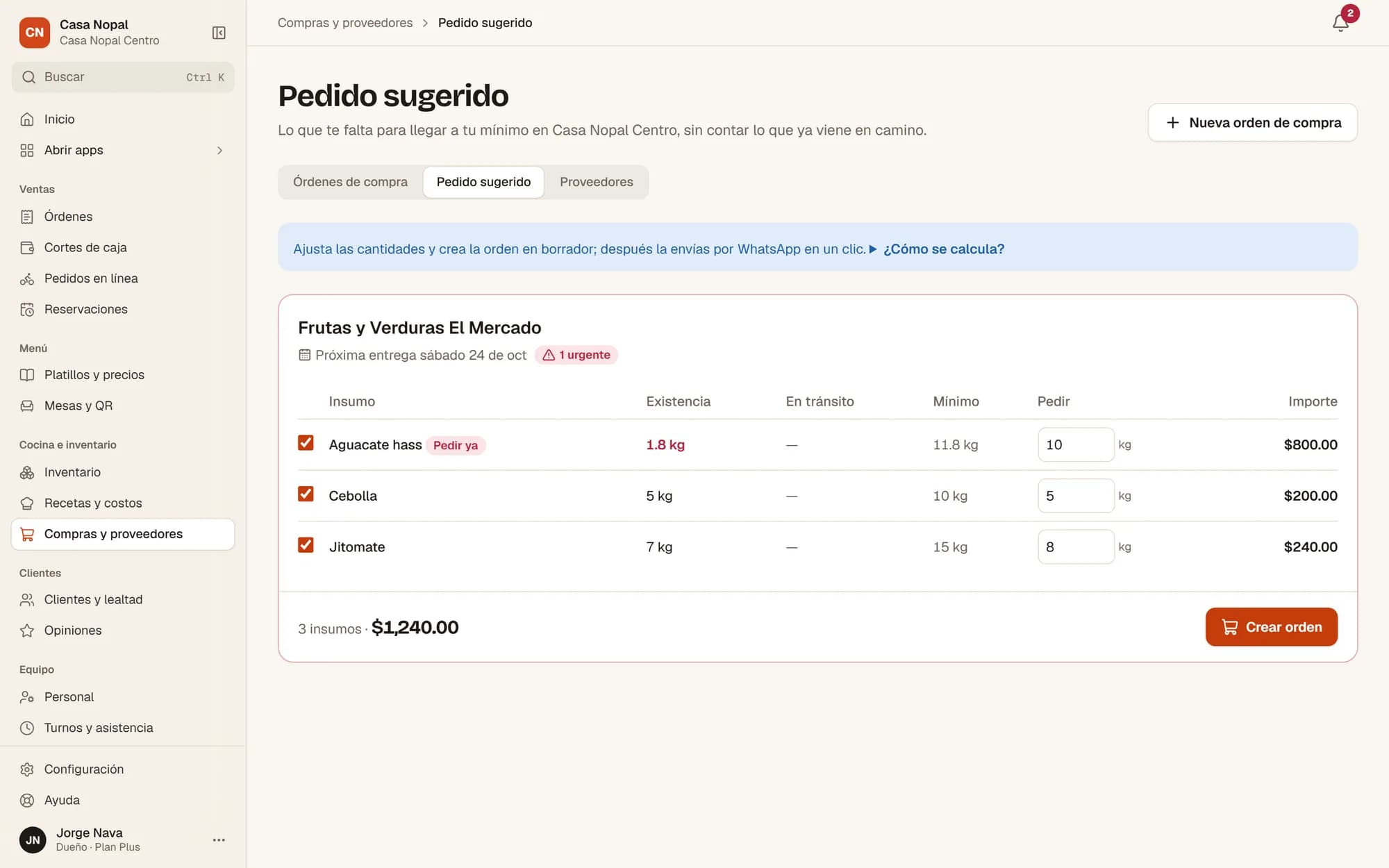 Pedido sugerido al proveedor según lo vendido y el mínimo