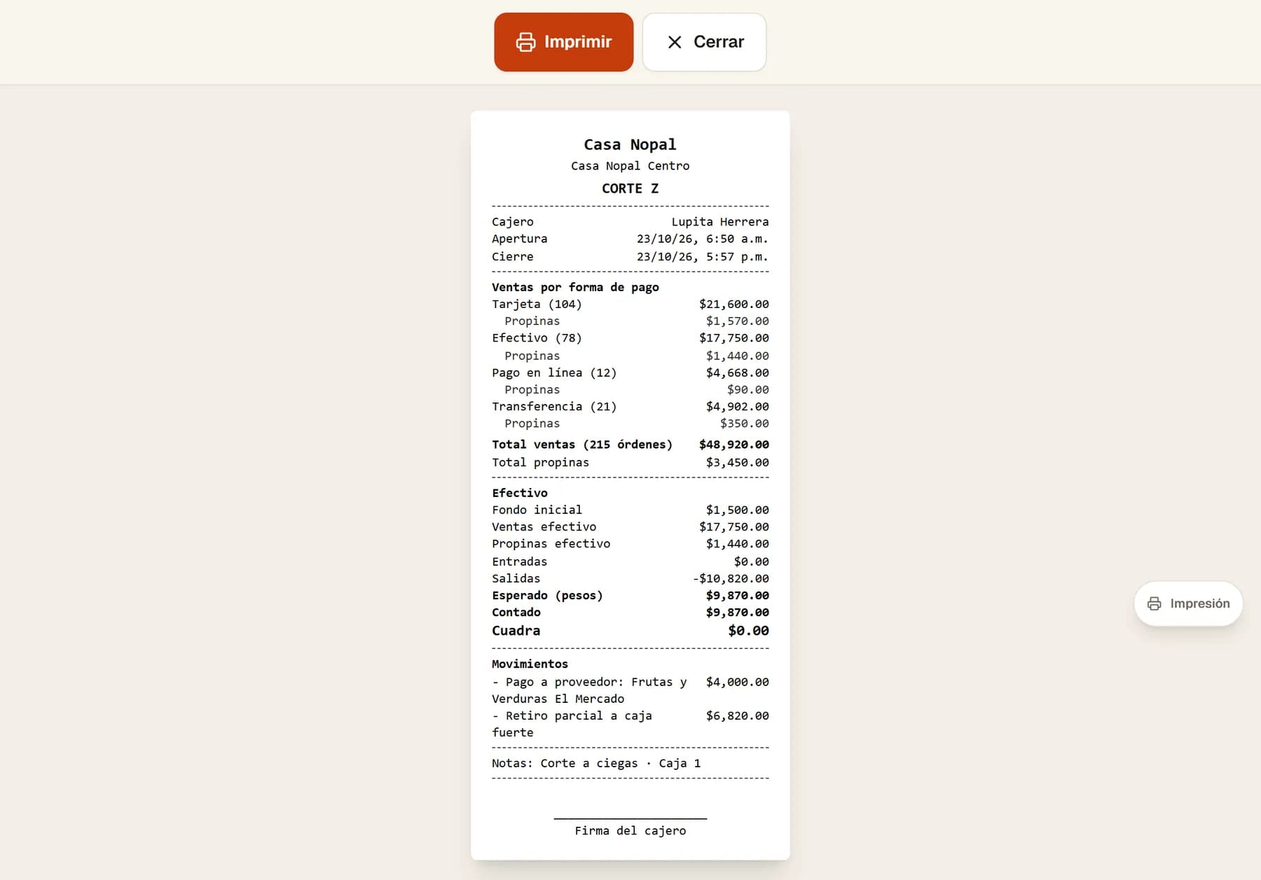 Corte Z de caja con ventas por forma de pago