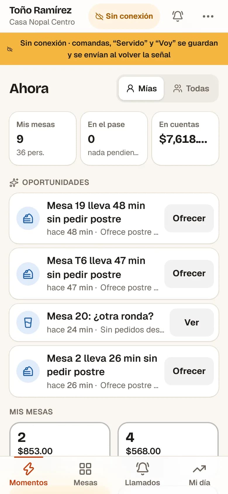 App del mesero trabajando sin internet